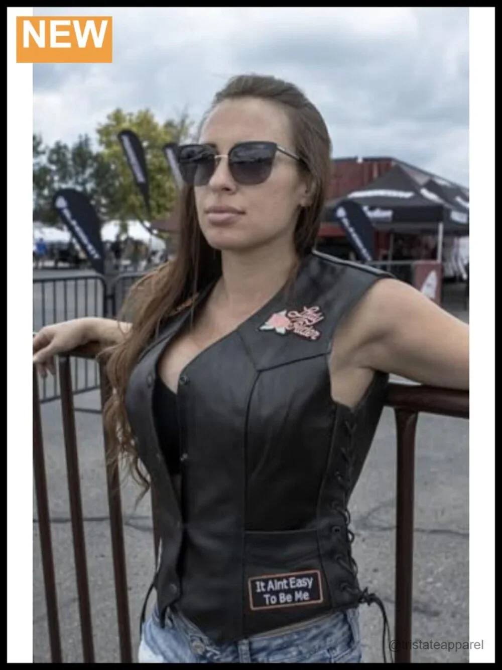 Women's Leather Snap Front Motorcycle Vest with Pockets